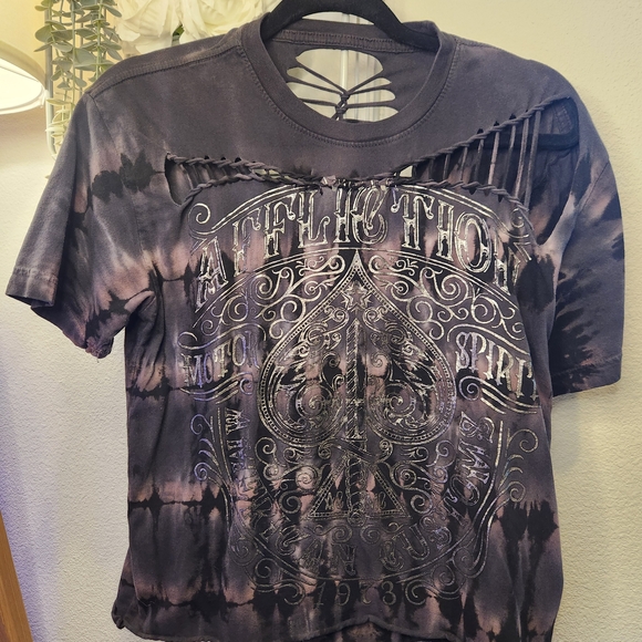 Affliction Tops - Affliction Tie-Dye Black and Gray Short Sleeve Tee
